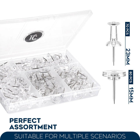 150 Pack Clear Push Pins Holding Papers Secure On Cork Boards Bulletin Walls And Shadow Boxes Includes Rust Proof Thumbtacks In A Snappy Caddy with assorted sizes.