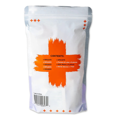 Deluxe Pro Grade Nasopharyngeal Airway Kit With Six NPAs In 22 Fr 24 Fr 26 Fr 28 Fr 30 Fr And 32 Fr Sizes Plus Lubricating Jelly Cleansing Wipes And Nitrile Gloves Sterile Latex Free Medical Essentials All In One front view