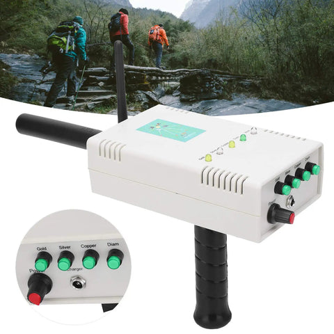 Portable Underground Metal Detector For Treasure Hunters Long Range 0 To 1200 Meters Handheld Pin Pointer in forest setting.