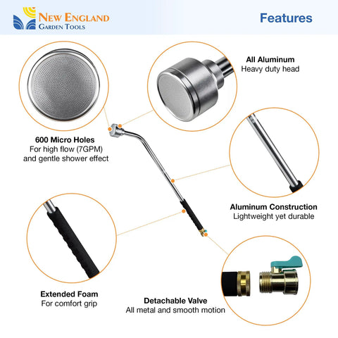 Diagram showing features of 30 Inch Soft Rain Watering Wand With Gentle Shower Spray, lightweight aluminum build, comfort grip handle.