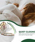 Elongated Resin Toilet Seat for Bathroom with floral design, featuring a soft-close function for quiet operation.