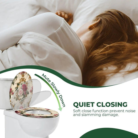 Elongated Resin Toilet Seat for Bathroom with floral design, featuring a soft-close function for quiet operation.