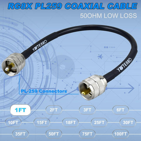 Image of 12 Inch RG8X Coaxial Cable Three Pack 1ft Jumpers With PL259 Male UHF Connectors Low Loss 50 Ohm For CB Ham Radio HF VHF Gear