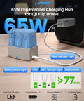 65W flip charging hub for DJI drone with blue LED lights indicating battery status and power connections.