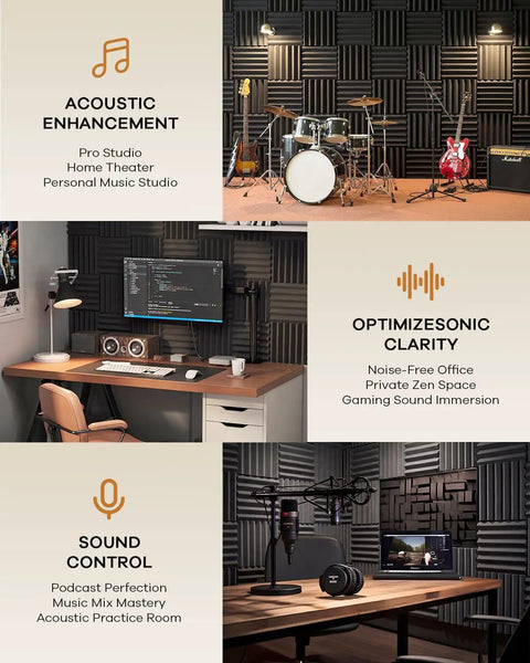 Premium Soundproof 36 Pack Wedge Acoustic Foam Panels Self Adhesive Wall Tiles High Density Fire Resistant audio dampening in music studio.