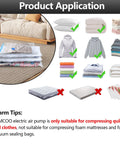 BAMCOO white electric vacuum pump for storage bags; shown compressing clothes/blankets with green check marks.