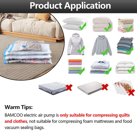 BAMCOO white electric vacuum pump for storage bags; shown compressing clothes/blankets with green check marks.