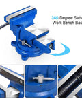 Heavy Duty 5 Inch Vise With 360 Degree Swivel Base And Anvil Clamp, Built Like A Tank, Cast Steel Construction, Table Clamp Woodworking Vice For Drilling, Pipe Cutting, And Woodworking Jobs, Blue