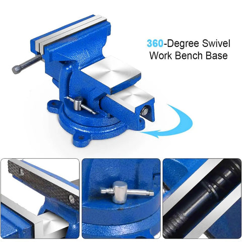 Heavy Duty 5 Inch Vise With 360 Degree Swivel Base And Anvil Clamp, Built Like A Tank, Cast Steel Construction, Table Clamp Woodworking Vice For Drilling, Pipe Cutting, And Woodworking Jobs, Blue