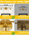 Comparison of gold three light vanity light over mirror; highlights 21-inch width, integrated design, champagne brass finish.