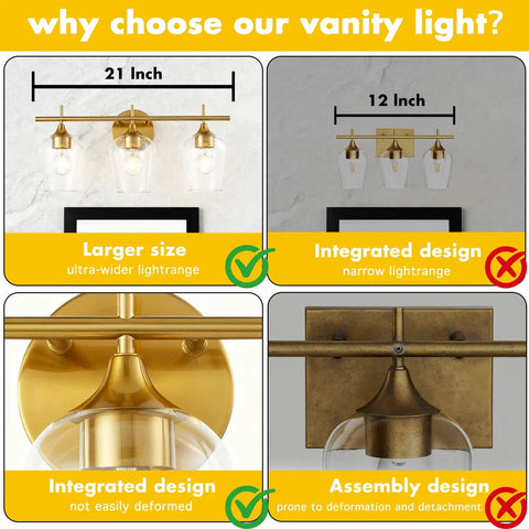Comparison of gold three light vanity light over mirror; highlights 21-inch width, integrated design, champagne brass finish.
