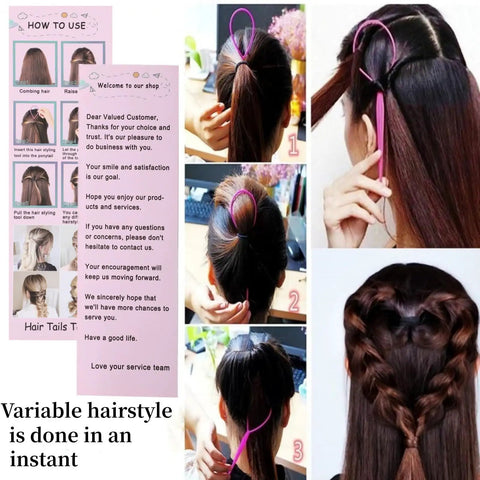 Topsy Tail Hair Tool Set 6 Piece Loop Styling Tools For Ponytails Pull Through Hair Ties Two Sizes And Three Colors Pink Purple Blue Easy Updos For Women Girls And Kids, pink loop tool used on ponytail