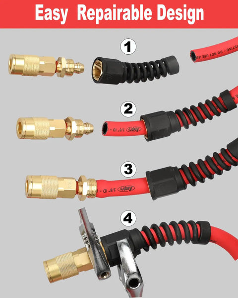 Heavy-Duty Hybrid Air Compressor Hose, Built Like A Tank With Hella Flexible Kink-Free Design, 1/4 Inch Id By 25 Feet showing brass connectors and flexible design.