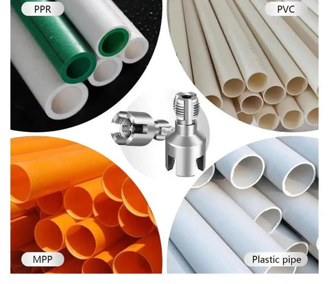 Heavy Duty PVC Pipe Threader cuts internal and external threads, showcasing various plastic pipes including PVC, PPR, and MPP.