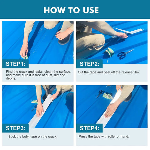 Instructional steps showing how to use Outdoor Fluorocarbon Butyl Sealant Tape For RVs And Boats on a metal roof.