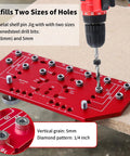 Pro Level 7 Hole Shelf Pin Jig And 2 In 1 Cabinet Hinge Boring Guide Set With Tough Steel Drill Bits for precise drilling with red metal jig.
