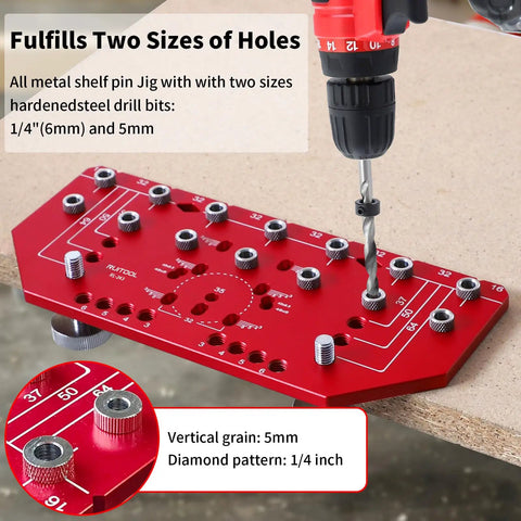 Pro Level 7 Hole Shelf Pin Jig And 2 In 1 Cabinet Hinge Boring Guide Set With Tough Steel Drill Bits for precise drilling with red metal jig.