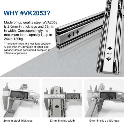 20 Inch Soft Close Heavy Duty Drawer Slides With Full Extension 3-Fold Ball Bearing Side Mount Up To 265 Pound Load One Pair