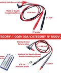 Flexible Multimeter Test Lead Kit With CAT III 1000V 10A Safety, gold plated 4mm probes, banana plug, 33.46 in length, red and black cables.