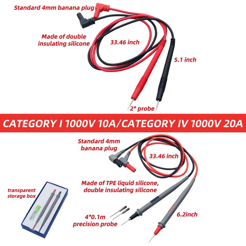 Flexible Multimeter Test Lead Kit With CAT III 1000V 10A Safety, gold plated 4mm probes, banana plug, 33.46 in length, red and black cables.