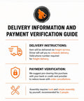 Delivery information and payment verification guide with instructions and assembly requirements overview.