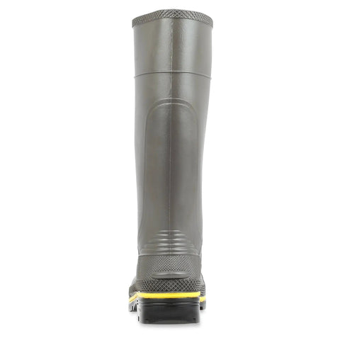 15 Inch PVC Chemical Resistant Steel Toe Work Boots For Men, Waterproof Seamless Design With Triple Density Technology, Foot Form Contour Cushion Insole For All Day Comfort, Arch And Heel Support, Removable And Washable, Gray Yellow Black