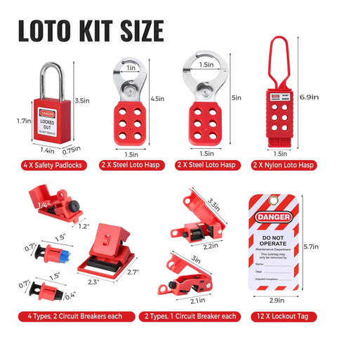 Hard Hat Approved 50 Piece Lockout Tagout Kit Featuring OSHA Compliant Safety Padlocks, Steel And Nylon Loto Hasps, Circuit Breakers.