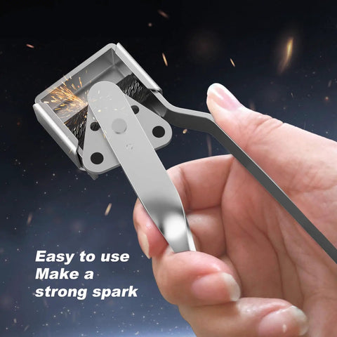 Hand using Two Pack Triple Groove Flint Torch Strikers With Eighteen Replacement Flints for precise sparks and quick ignition.