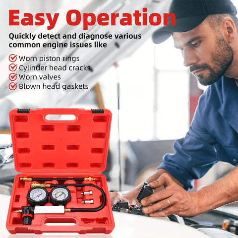 8MILELAKE cylinder leak-down tester kit in red carrying case with dual gauges and hoses