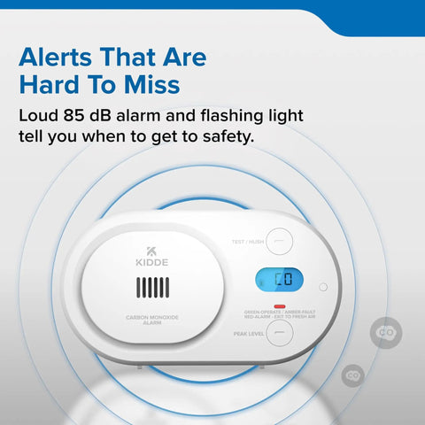 Low Level Carbon Monoxide Detector Powered By AA Batteries, Digital Backlit Display, Portable For Travel Or Home, 85 dB Alarm, LED Status Indicators, Test Hush Button, 5th Edition COBDL shown with digital display and buttons.