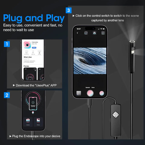 Endoscope With Light 1920P HD Borescope With 7.9mm Ultra Thin Probe And 8 LED Lights used with smartphone app interface.