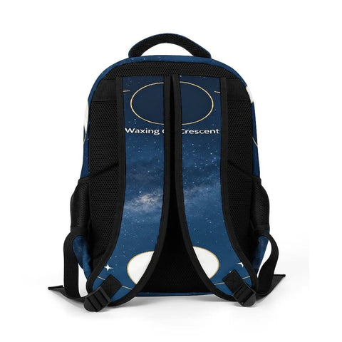 Back view of Moon Phase Diagram Printed Backpack Unisex Large Capacity Dope Everyday Carry Bag with breathable fabric straps.
