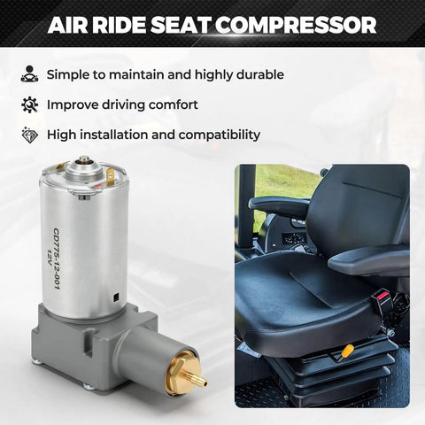 Heavy Duty 12V Air Ride Seat Compressor Fits Grammer Chicago Maximo Actimo MSG93 MSG95 MSG97 Primo Compacto GR1220254 showing detail and installation.