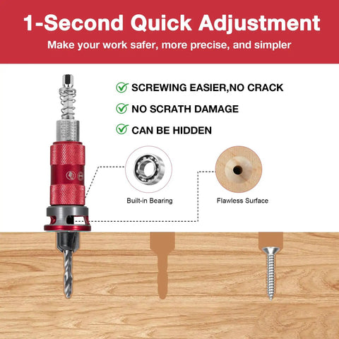 5 Piece HSS Countersink Drill Bit Set Featuring No-Nonsense Quick Adjust Depth Control And Lock-Tight Bearing Stopper showing quick adjustment mechanism.