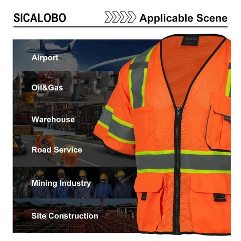 Kickass Mens High Visibility Mesh Safety Vest With Ten Functional Pockets And Zipper Front Ansi Class Three, suitable for various work scenes.