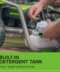 Close-up of Electric Pressure Washer 3000 PSI 2.0 GPM TruBrushless with detergent tank being filled, rugged steel frame.