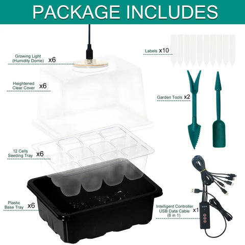 Package includes components of 6 Tray Seed Starter Kit With USB Full Spectrum Grow Lights Timing Controller Adjustable Humidity Domes Heightened Lids 12 Cells Per Tray Indoor Garden Starter Pack