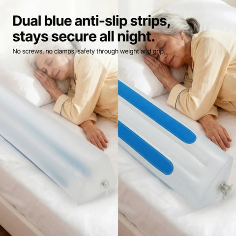Senior resting beside Inflatable Bed Rail for Seniors, Soft Touch Safety Guard With No Metal, 47.2 Inch Fall Prevention