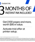 Image of text promoting 3 months of Instant Ink trial offer with 2,100 pages, worth $95, available during Envy 6555e printer setup.