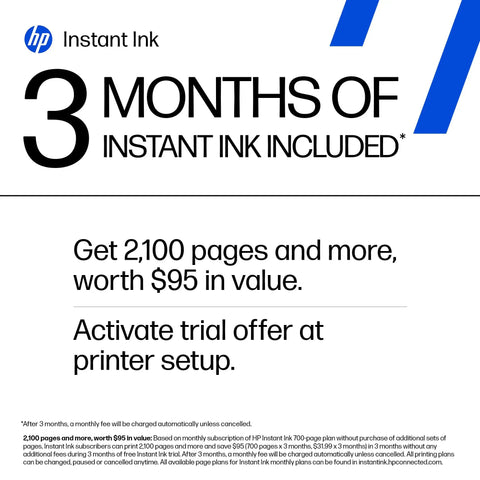 Image of text promoting 3 months of Instant Ink trial offer with 2,100 pages, worth $95, available during Envy 6555e printer setup.