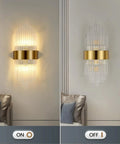 Gold Crystal Wall Sconce with Modern Vibe, Sleek Glass Rods and Stainless Steel Base lit and unlit in living room.