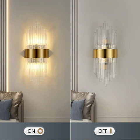 Gold Crystal Wall Sconce with Modern Vibe, Sleek Glass Rods and Stainless Steel Base lit and unlit in living room.
