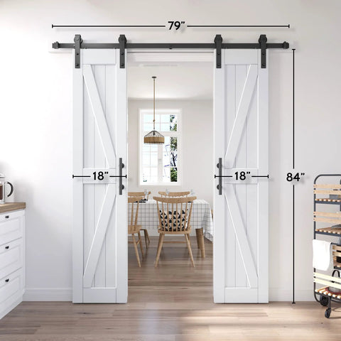 36 Inch By 84 Inch Double Barn Door With 6.6 Feet Sliding Door Hardware And Handle Included, installed in a modern kitchen.