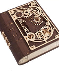 Book Of Secrets Steampunk 3D Puzzle Kit For Adults With Hidden Gears Wooden Mechanical Model in closed position, showing intricate gears.