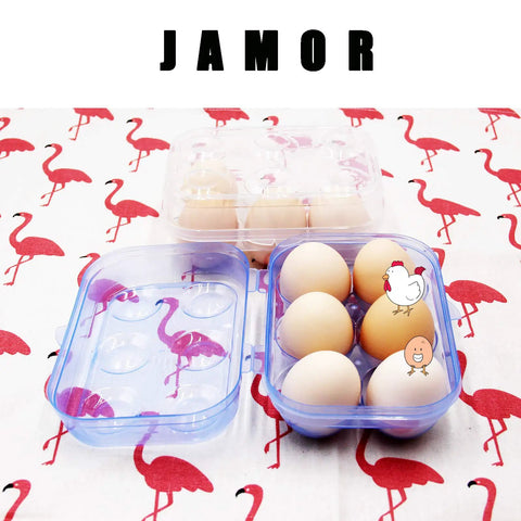 Six Grid Egg Storage Box For Refrigerator And Camping, blue container with six eggs on flamingo print tablecloth