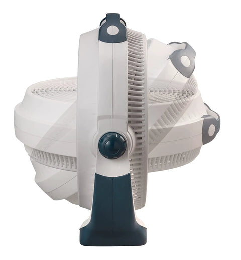 Side view of Air Circulator Floor Fan With Three Speeds 20 Inch Model 3300 Gray Pivoting Head For Targeted Airflow, showing pivot range.