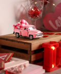 Valentine's Day Metal Farm Truck Decor with Two Hearts on Tiered Tray, Mini Diecast Pickup, 4.8 Inch Rustic Farmhouse Charm