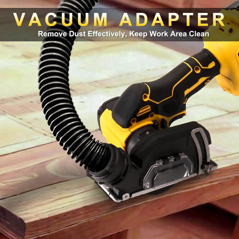 Compact 3 Inch Mini Circular Saw Cuts Metal Wood Tile And Plastic Without The Sweat Features Brushless Motor showing a vacuum adapter.