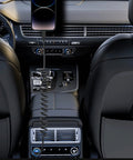 Interior car view with Dual USB Fast Car Charger 4.8A With 6ft Coiled Lightning Cable charging iPhone on console