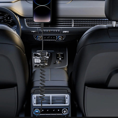 Interior car view with Dual USB Fast Car Charger 4.8A With 6ft Coiled Lightning Cable charging iPhone on console